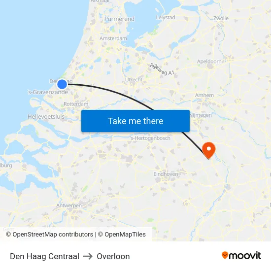 Den Haag Centraal to Overloon map