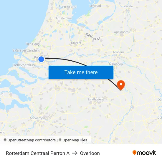 Rotterdam Centraal Perron A to Overloon map