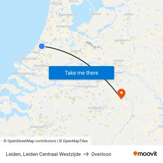 Leiden, Leiden Centraal Westzijde to Overloon map