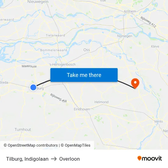 Tilburg, Indigolaan to Overloon map