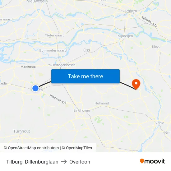 Tilburg, Dillenburglaan to Overloon map