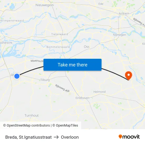Breda, St.Ignatiusstraat to Overloon map