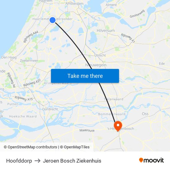 Hoofddorp to Jeroen Bosch Ziekenhuis map