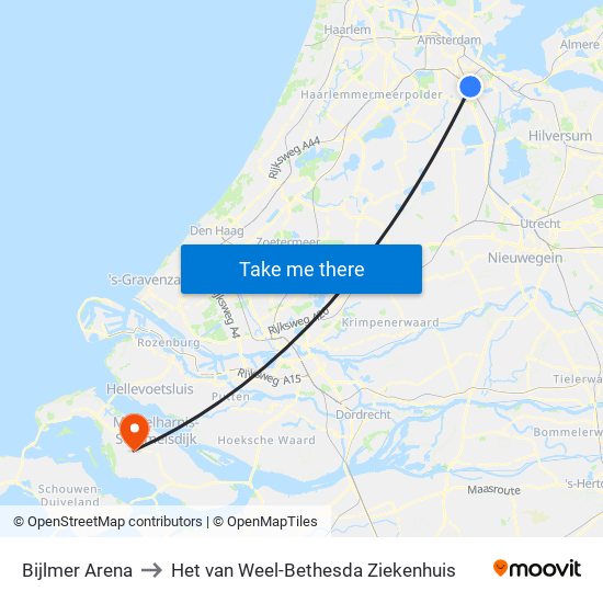 Bijlmer Arena to Het van Weel-Bethesda Ziekenhuis map