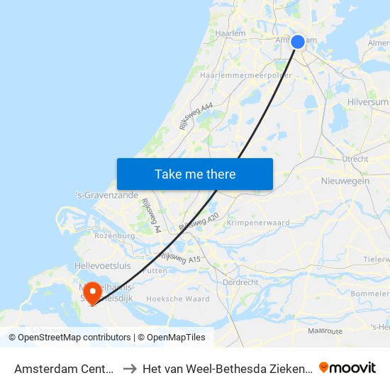 Amsterdam Centraal to Het van Weel-Bethesda Ziekenhuis map