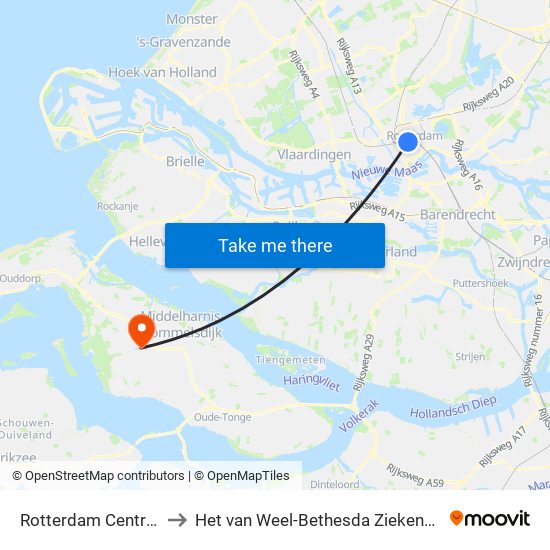 Rotterdam Centraal to Het van Weel-Bethesda Ziekenhuis map