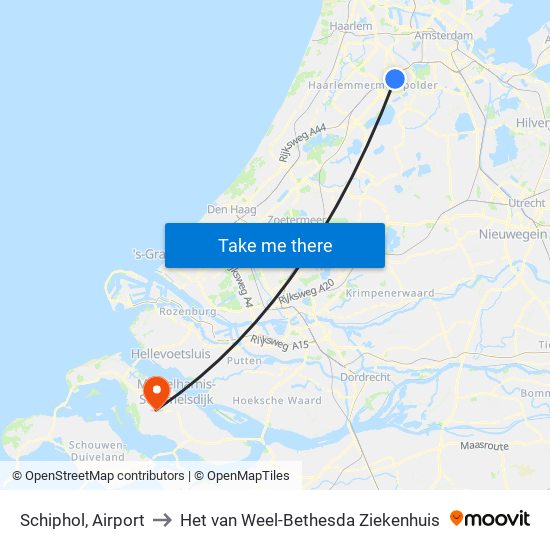 Schiphol, Airport to Het van Weel-Bethesda Ziekenhuis map