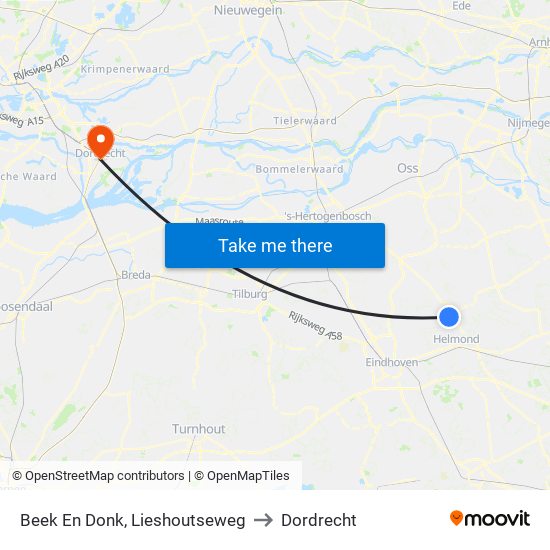 Beek En Donk, Lieshoutseweg to Dordrecht map