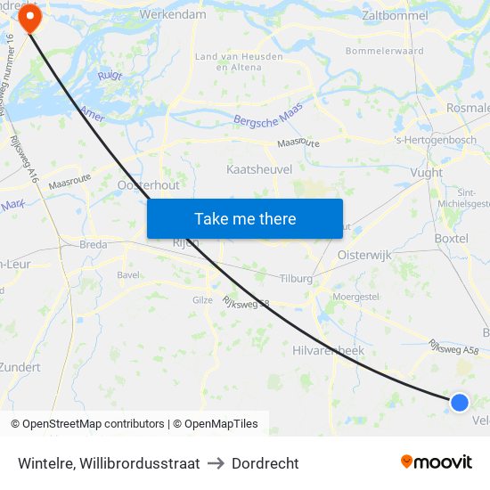 Wintelre, Willibrordusstraat to Dordrecht map