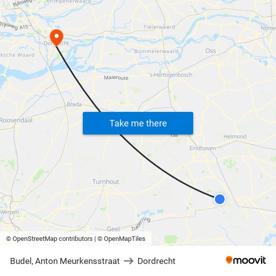 Budel, Anton Meurkensstraat to Dordrecht map