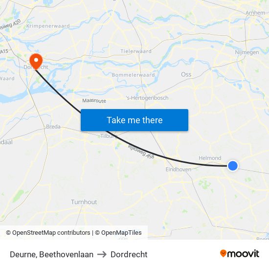 Deurne, Beethovenlaan to Dordrecht map