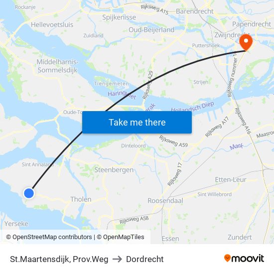 St.Maartensdijk, Prov.Weg to Dordrecht map