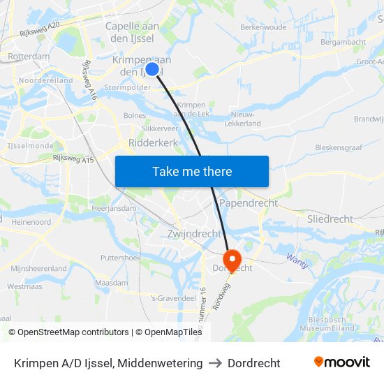 Krimpen A/D Ijssel, Middenwetering to Dordrecht map