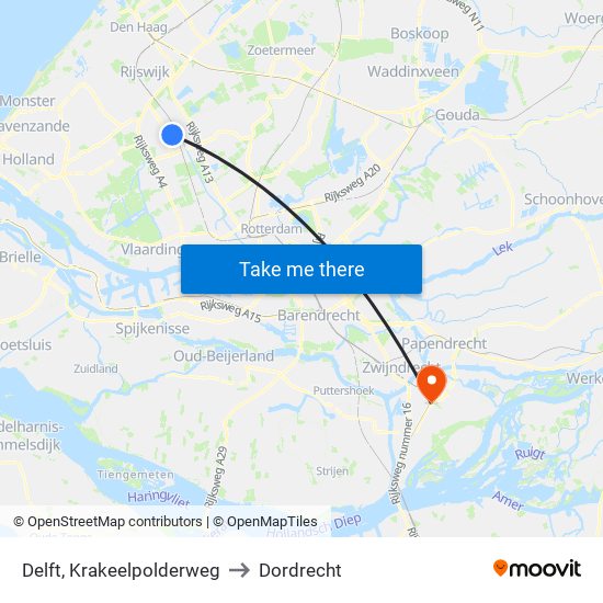 Delft, Krakeelpolderweg to Dordrecht map