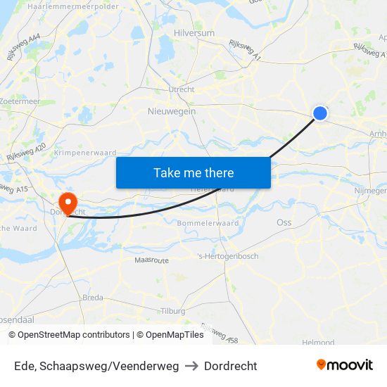 Ede, Schaapsweg/Veenderweg to Dordrecht map