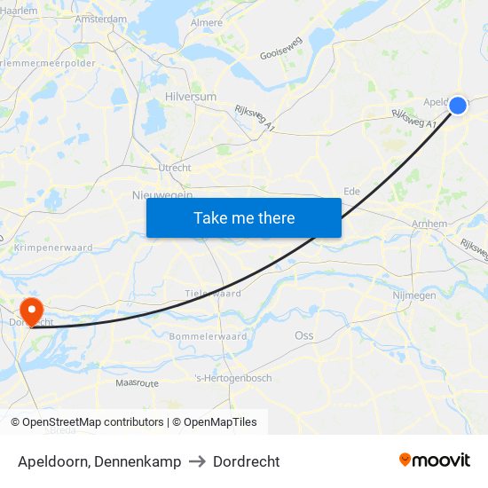 Apeldoorn, Dennenkamp to Dordrecht map