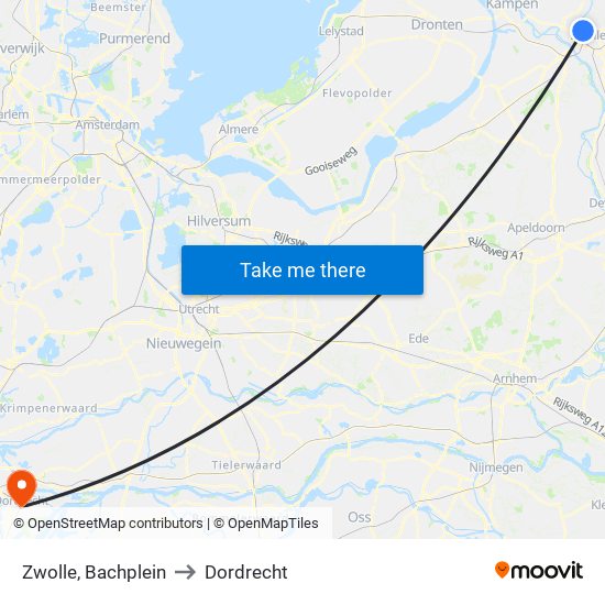 Zwolle, Bachplein to Dordrecht map