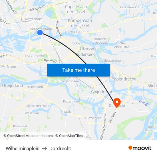 Wilhelminaplein to Dordrecht map
