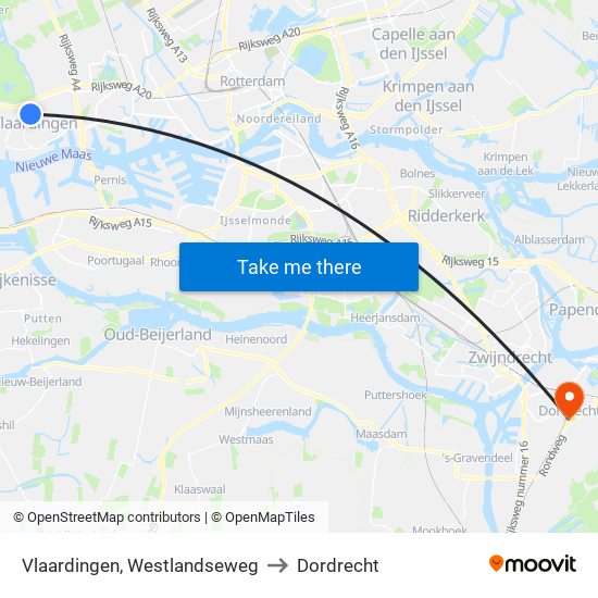 Vlaardingen, Westlandseweg to Dordrecht map