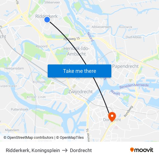 Ridderkerk, Koningsplein to Dordrecht map