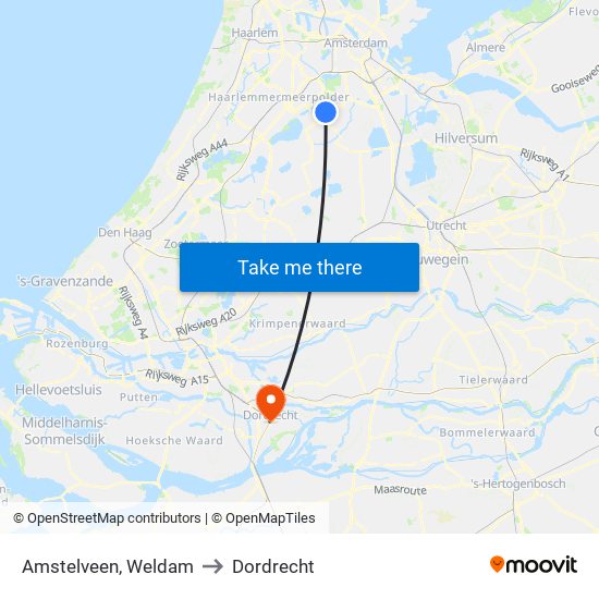 Amstelveen, Weldam to Dordrecht map