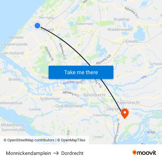 Monnickendamplein to Dordrecht map