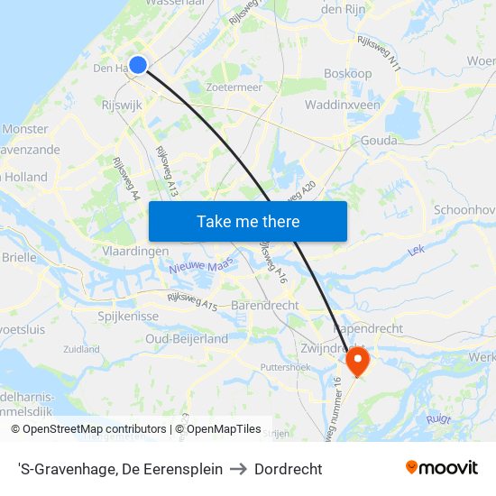 'S-Gravenhage, De Eerensplein to Dordrecht map