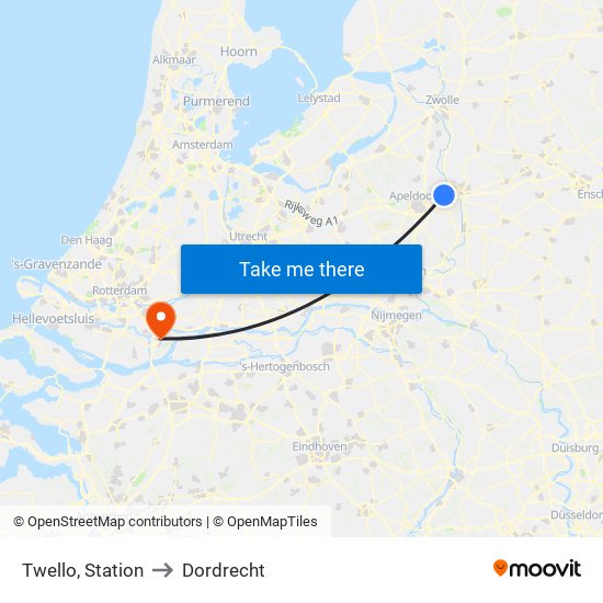 Twello, Station to Dordrecht map