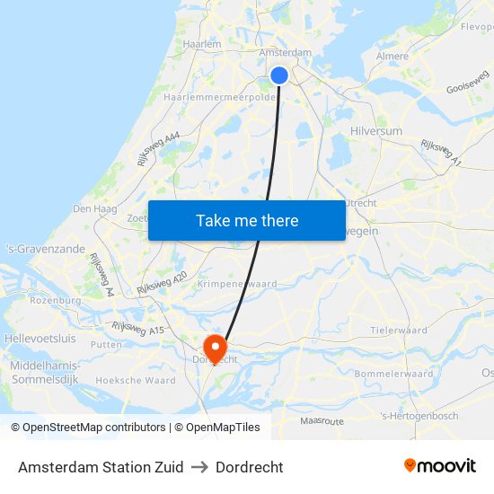 Amsterdam Station Zuid to Dordrecht map
