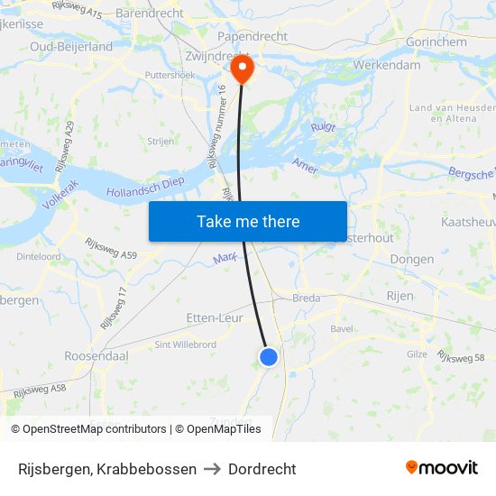 Rijsbergen, Krabbebossen to Dordrecht map
