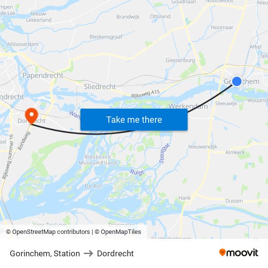 Gorinchem, Station to Dordrecht map