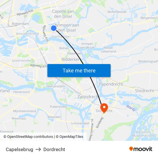 Capelsebrug to Dordrecht map