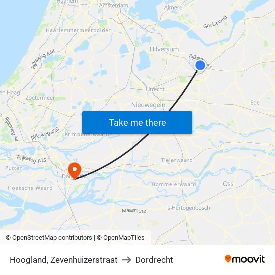 Hoogland, Zevenhuizerstraat to Dordrecht map