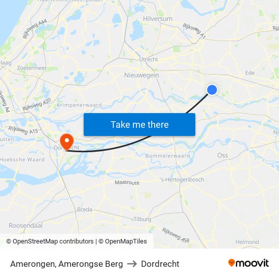 Amerongen, Amerongse Berg to Dordrecht map