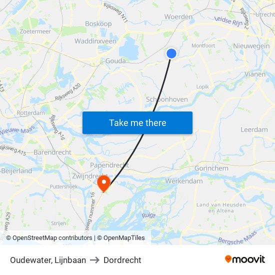 Oudewater, Lijnbaan to Dordrecht map