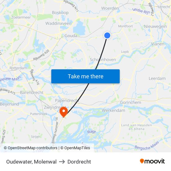 Oudewater, Molenwal to Dordrecht map