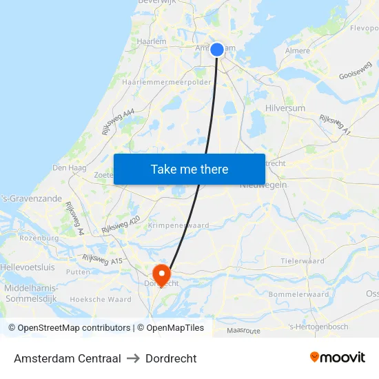 Amsterdam Centraal to Dordrecht map