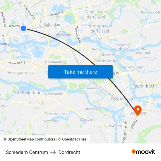 Schiedam Centrum to Dordrecht map