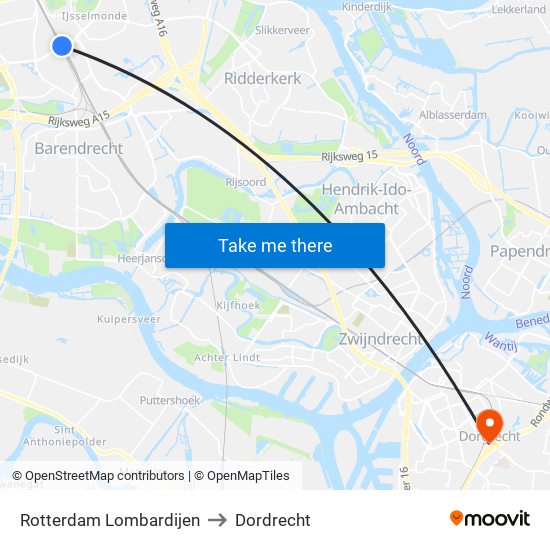 Rotterdam Lombardijen to Dordrecht map