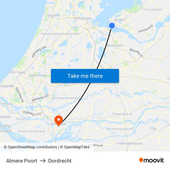 Almere Poort to Dordrecht map