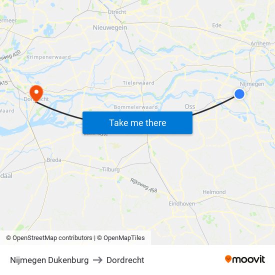 Nijmegen Dukenburg to Dordrecht map