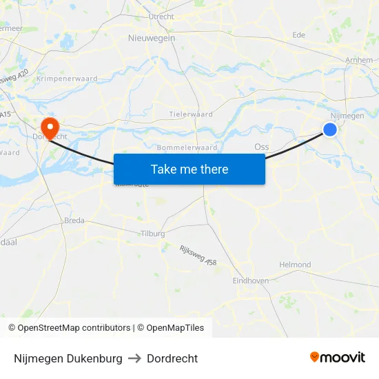 Nijmegen Dukenburg to Dordrecht map