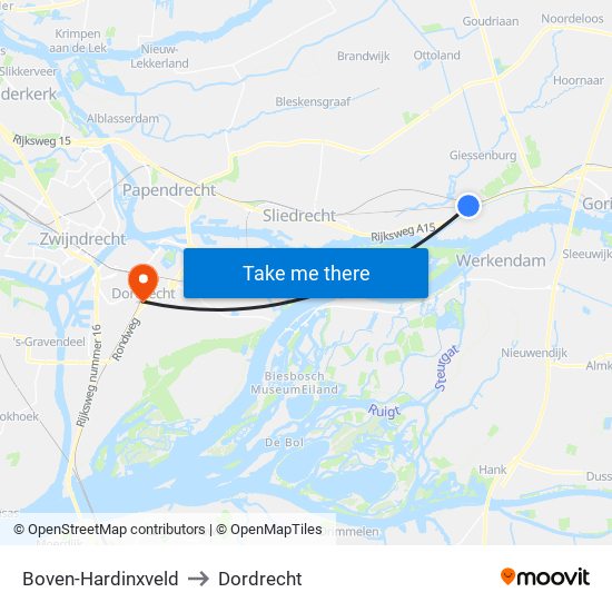 Boven-Hardinxveld to Dordrecht map