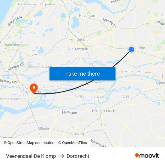 Veenendaal-De Klomp to Dordrecht map