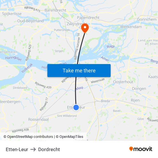 Etten-Leur to Dordrecht map