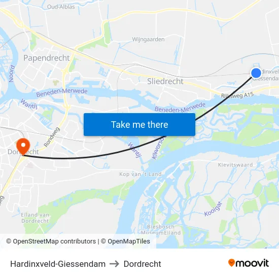 Hardinxveld-Giessendam to Dordrecht map