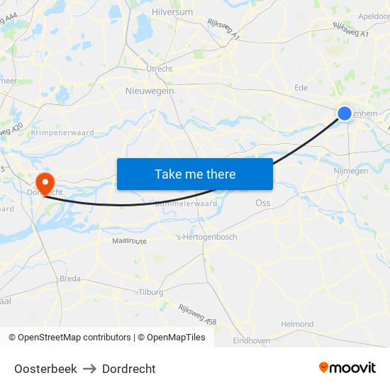 Oosterbeek to Dordrecht map