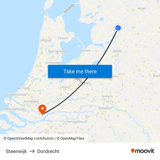 Steenwijk to Dordrecht map