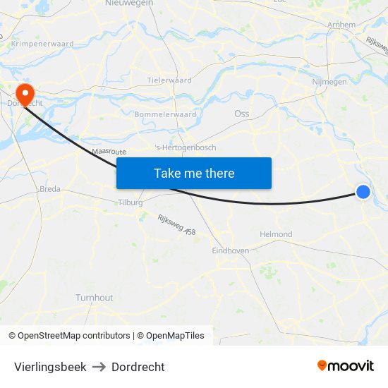 Vierlingsbeek to Dordrecht map