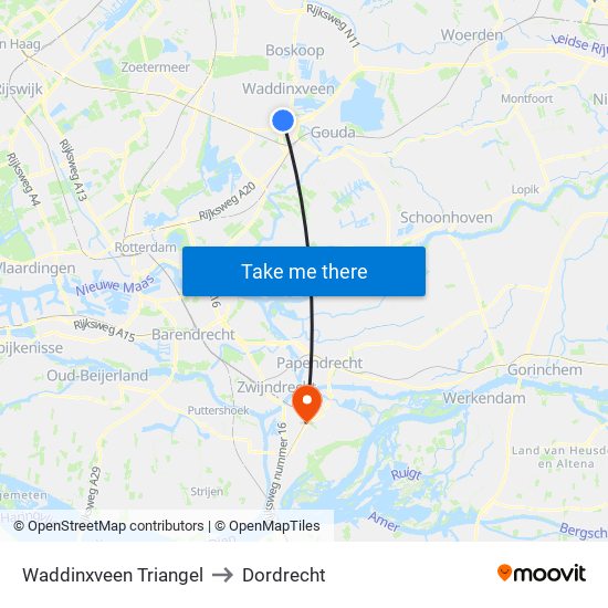 Waddinxveen Triangel to Dordrecht map